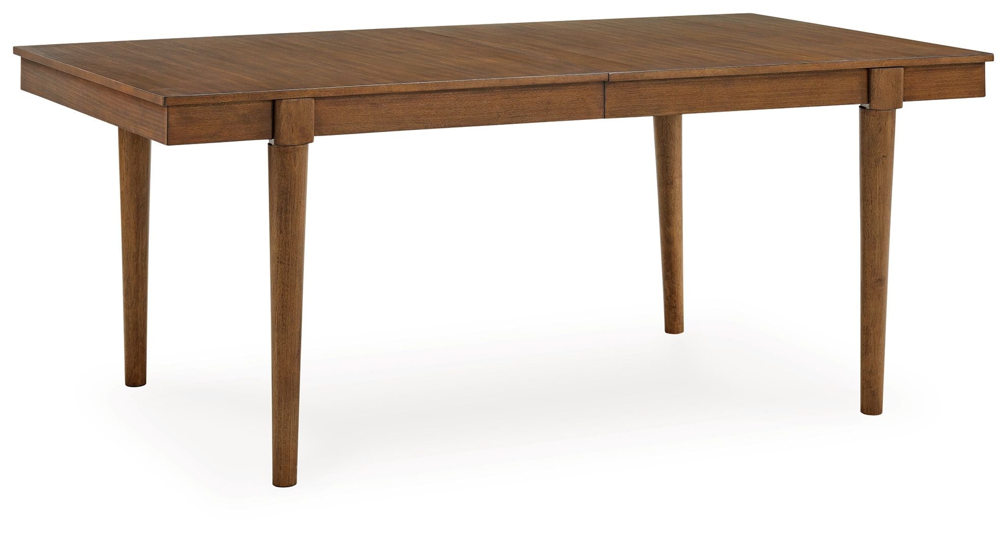 Brown rectangular extension dining table with centered seam and four tapered legs