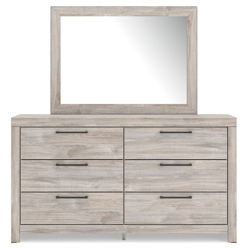 Light gray panel dresser with wall mirror and six drawers, dark metal bar pulls