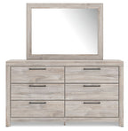 Light gray panel dresser with wall mirror and six drawers, dark metal bar pulls