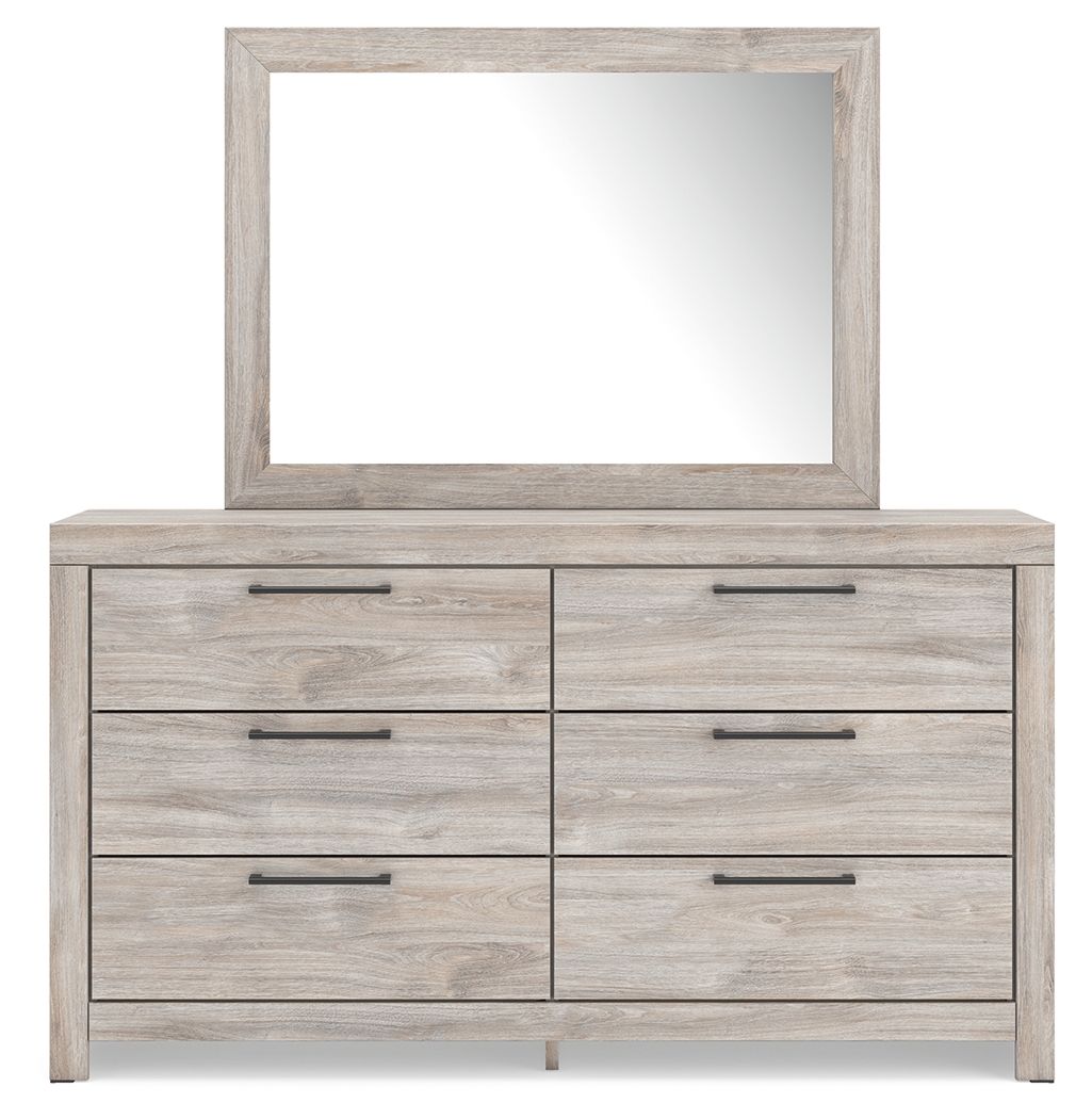 Light gray panel dresser with wall mirror and six drawers, dark metal bar pulls