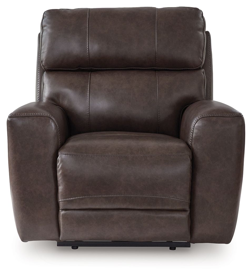 Smoke-brown upholstered power recliner with wide armrests and cushioned backrest