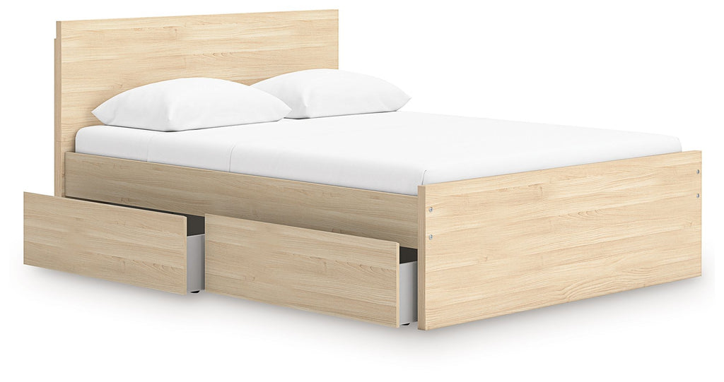 Light brown wood platform bed with panel headboard and side storage drawer fronts.
