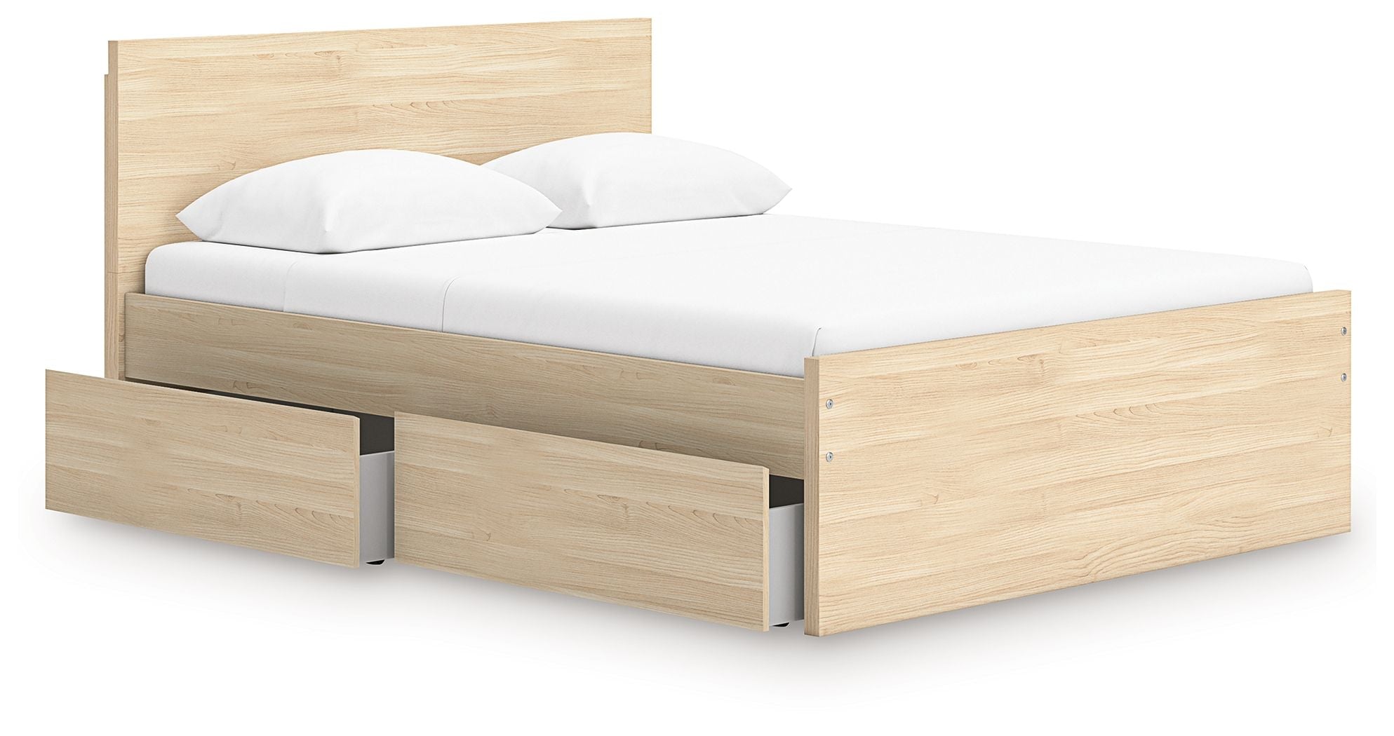 Light brown wood platform bed with panel headboard and side storage drawer fronts.