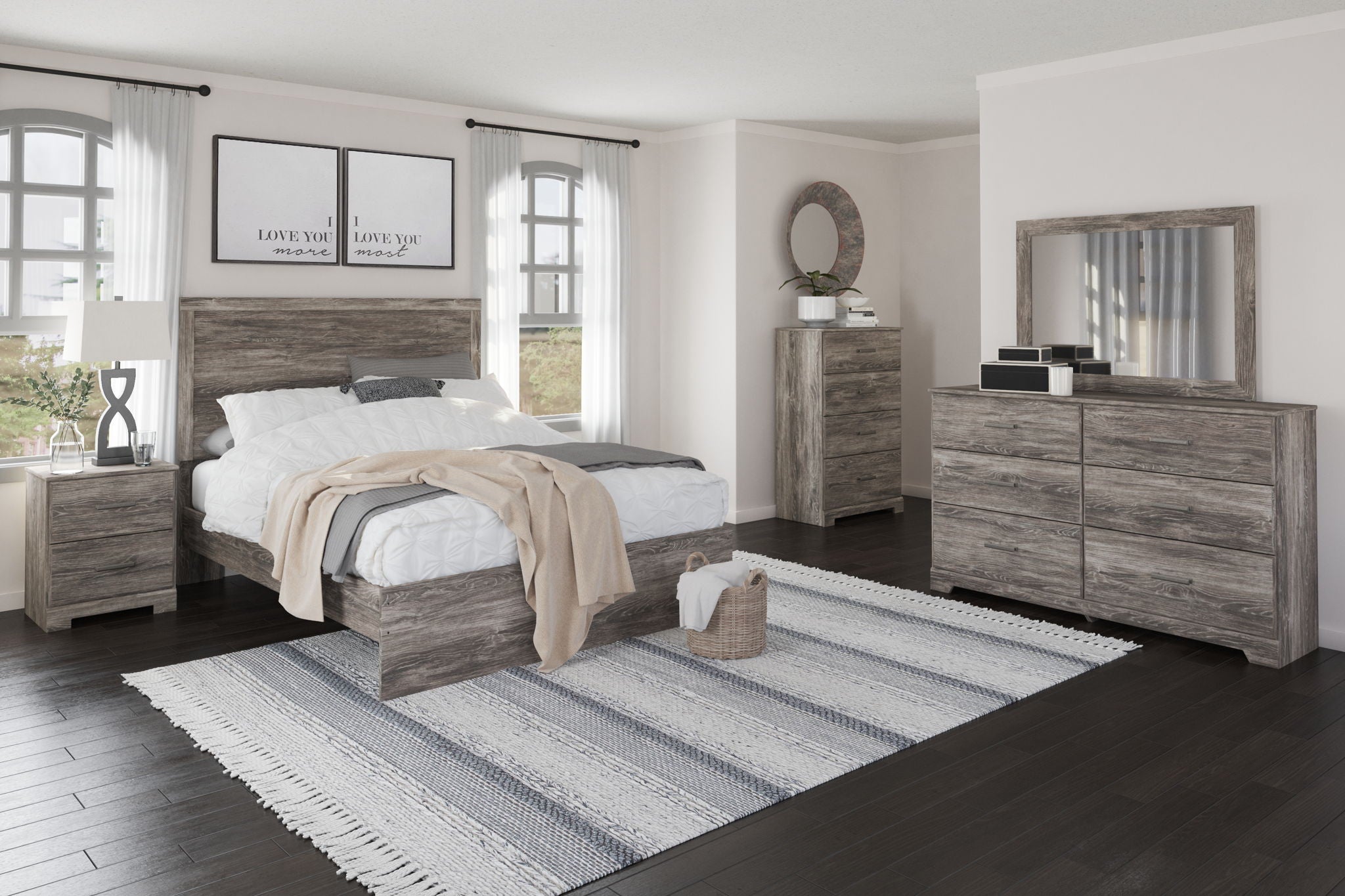 Gray queen panel headboard and footboard with straight wood-grain panels