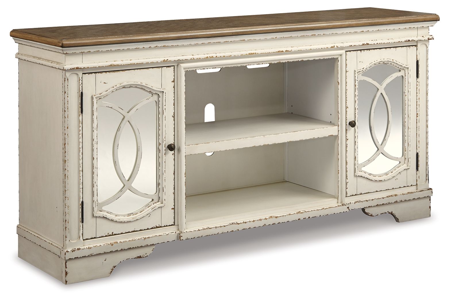 Chipped white TV stand with two open shelves and decorative oval doors
