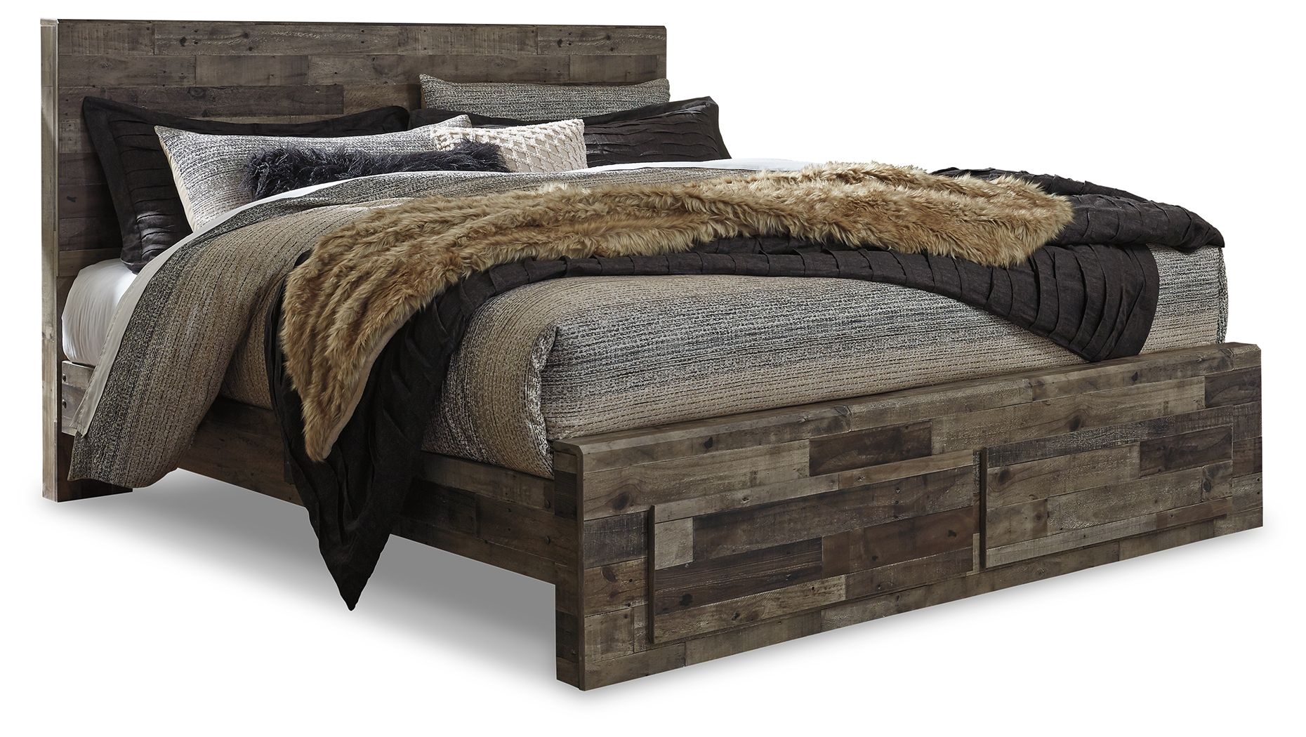 Dark gray panel bed with layered bedding and fur throw, low side view