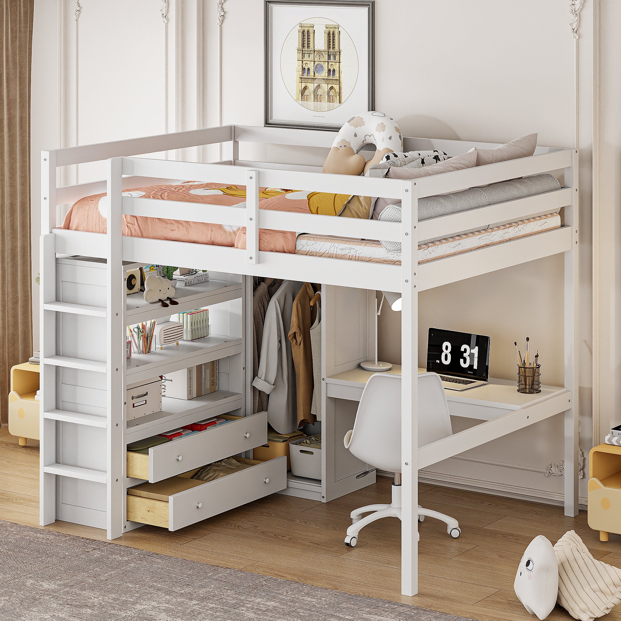 White Wood Full Size Loft Bed w/ Wardrobe, Desk, Storage