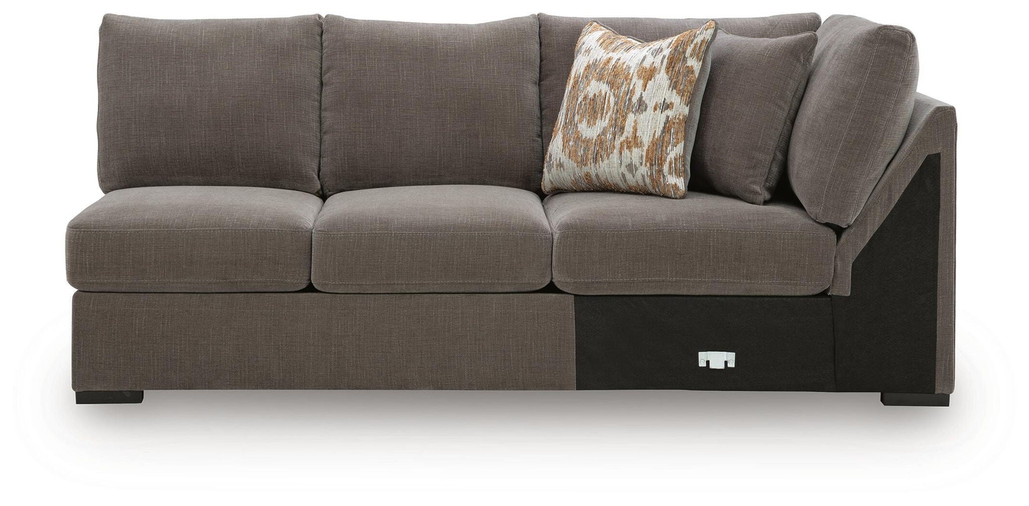Armless loveseat with wedge, dark gray fabric, two seat cushions, dark legs, accent pillow