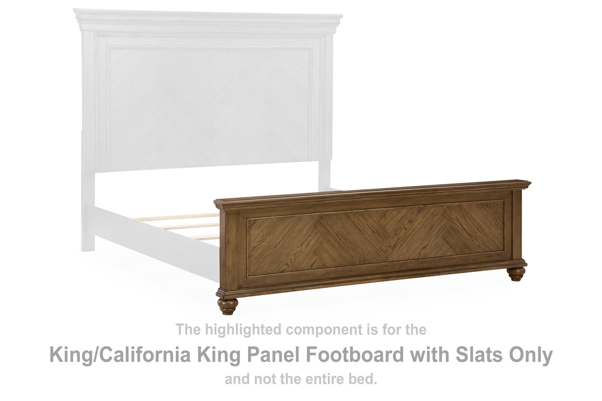 Medium brown king panel footboard with slats, rectangular panel and raised frame