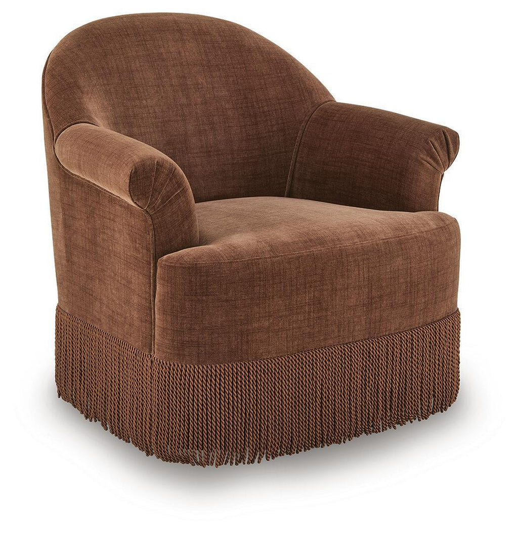 Clay swivel accent chair with rounded arms and fringed base, brown upholstery