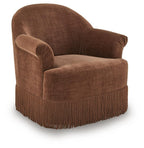 Clay swivel accent chair with rounded arms and fringed base, brown upholstery