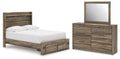 Dark brown bedroom furniture set with storage bed, dresser, and framed mirror