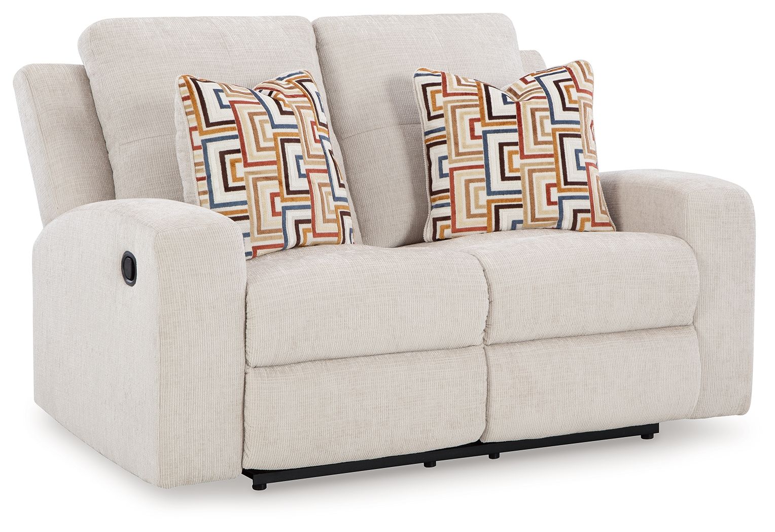 Reclining loveseat with light beige upholstery and two patterned throw pillows