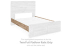 Tan wood platform bed rails shown on a bed frame