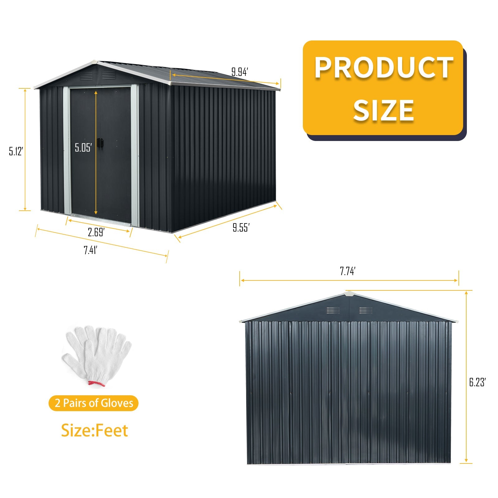 8x10 Metal Storage Shed w/ Foundation - Black-American Furniture Outlet