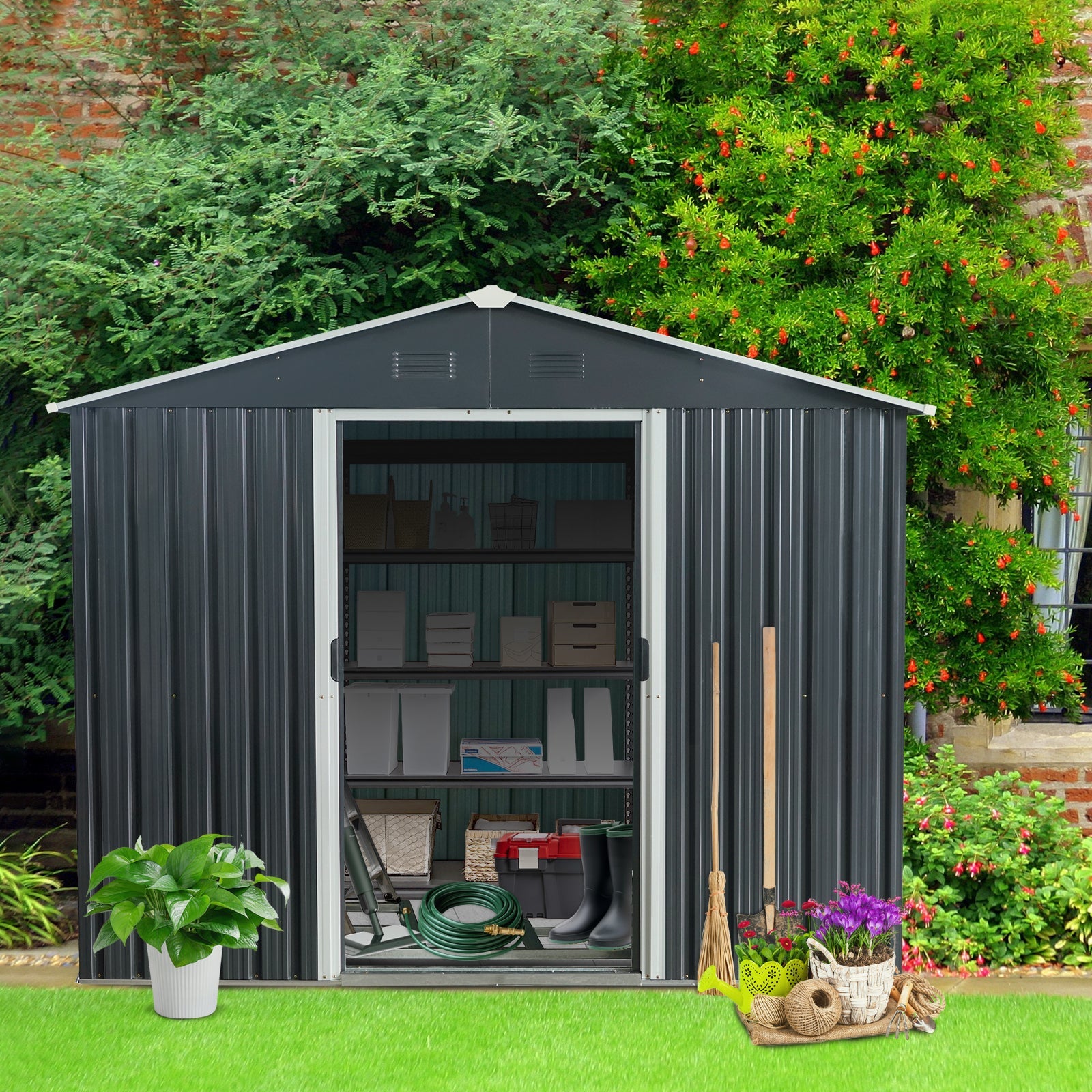8x10 Metal Storage Shed w/ Foundation - Black-American Furniture Outlet