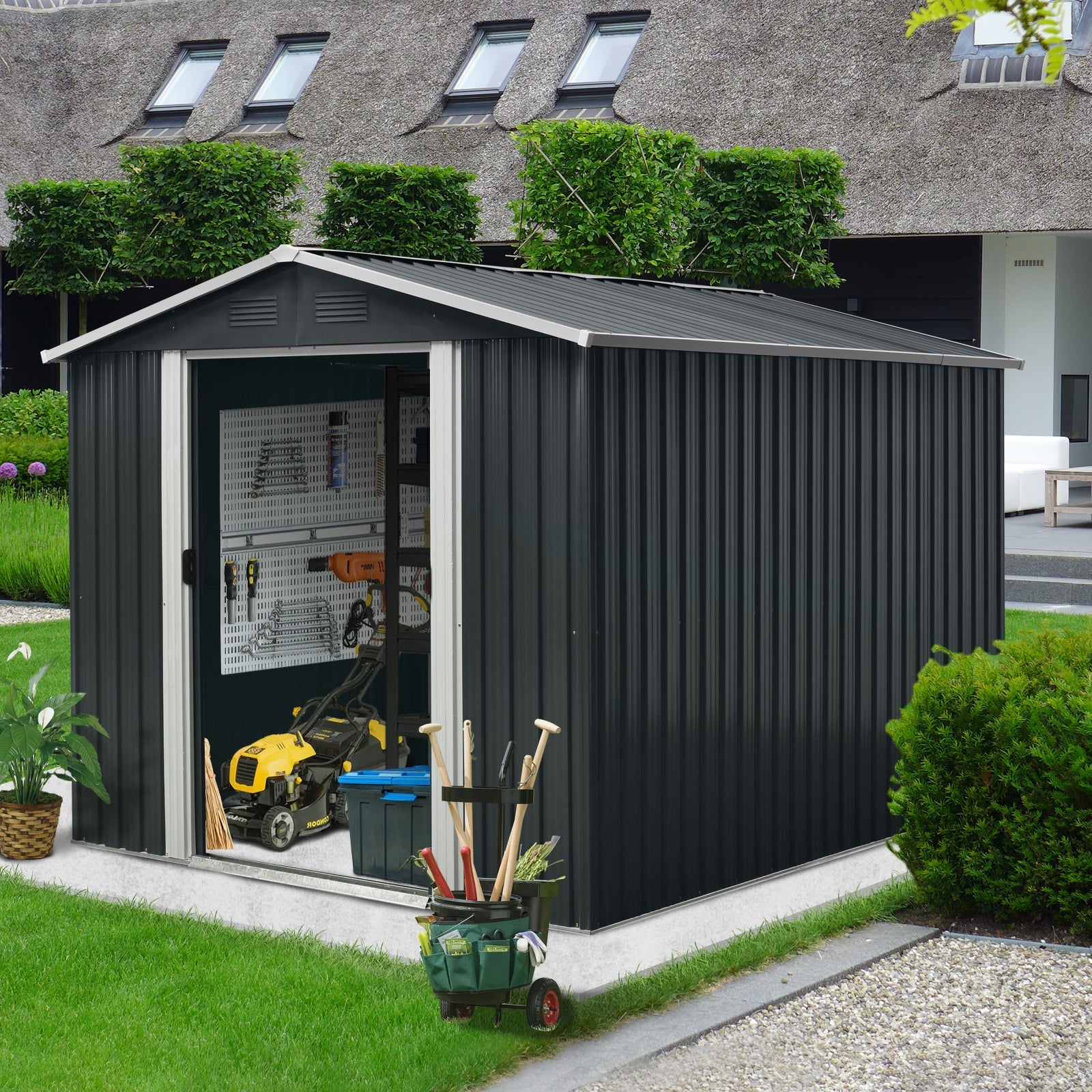 8x10 Metal Storage Shed w/ Foundation - Black-American Furniture Outlet