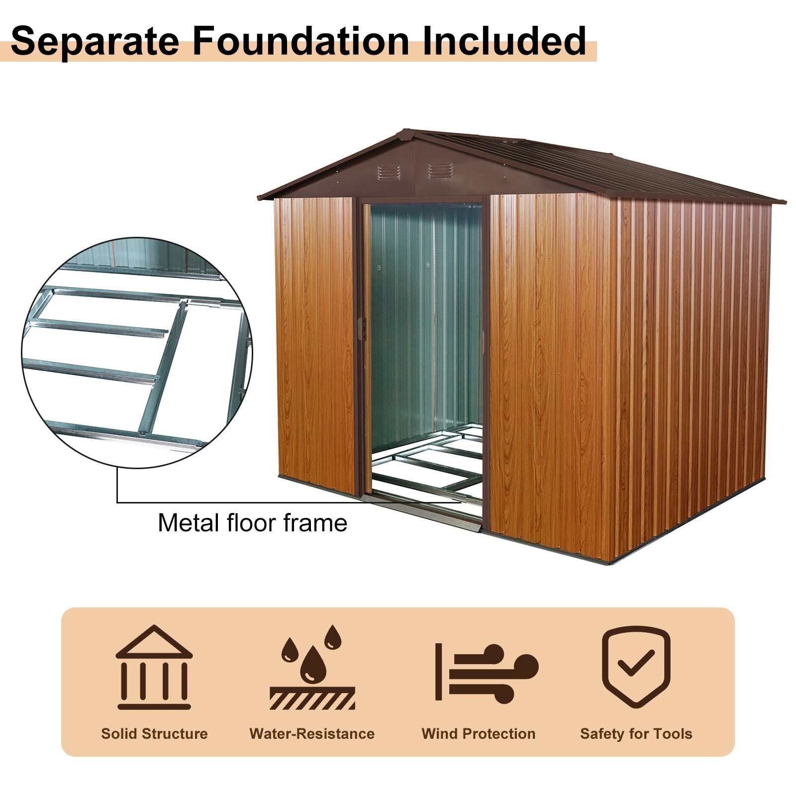 8x6 Metal Storage Shed w/ Foundation - Coffee-American Furniture Outlet