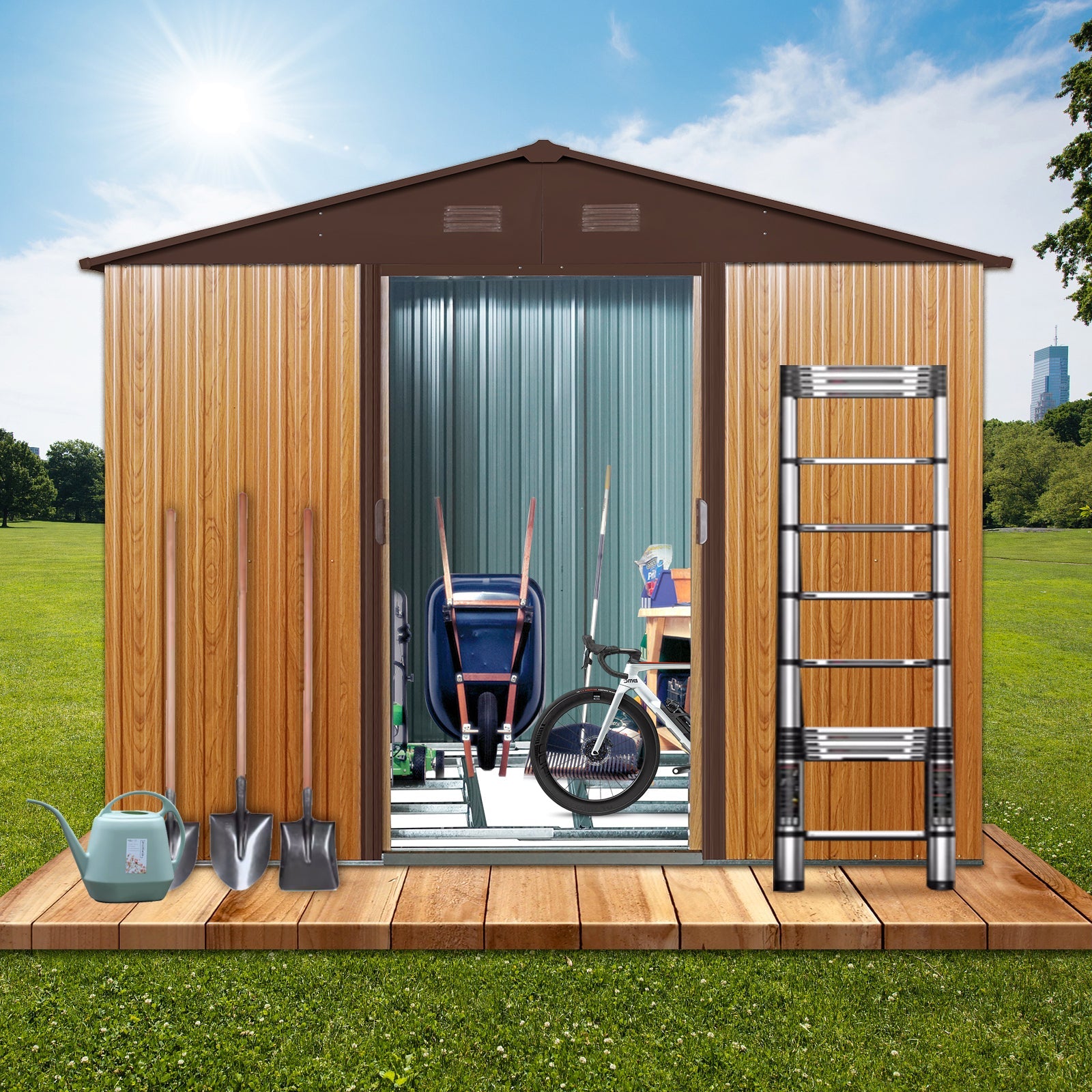 8x6 Metal Storage Shed w/ Foundation - Coffee-American Furniture Outlet
