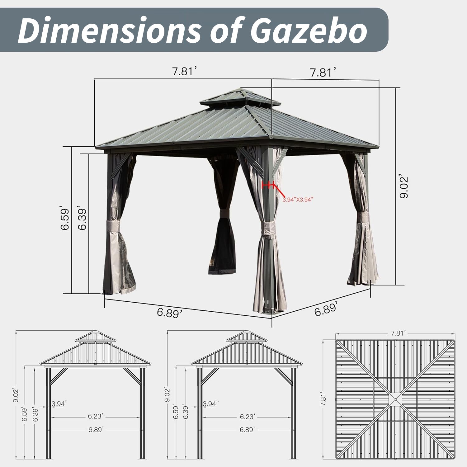 8x8 Hardtop Gazebo Aluminum Permanent Pavilion-American Furniture Outlet