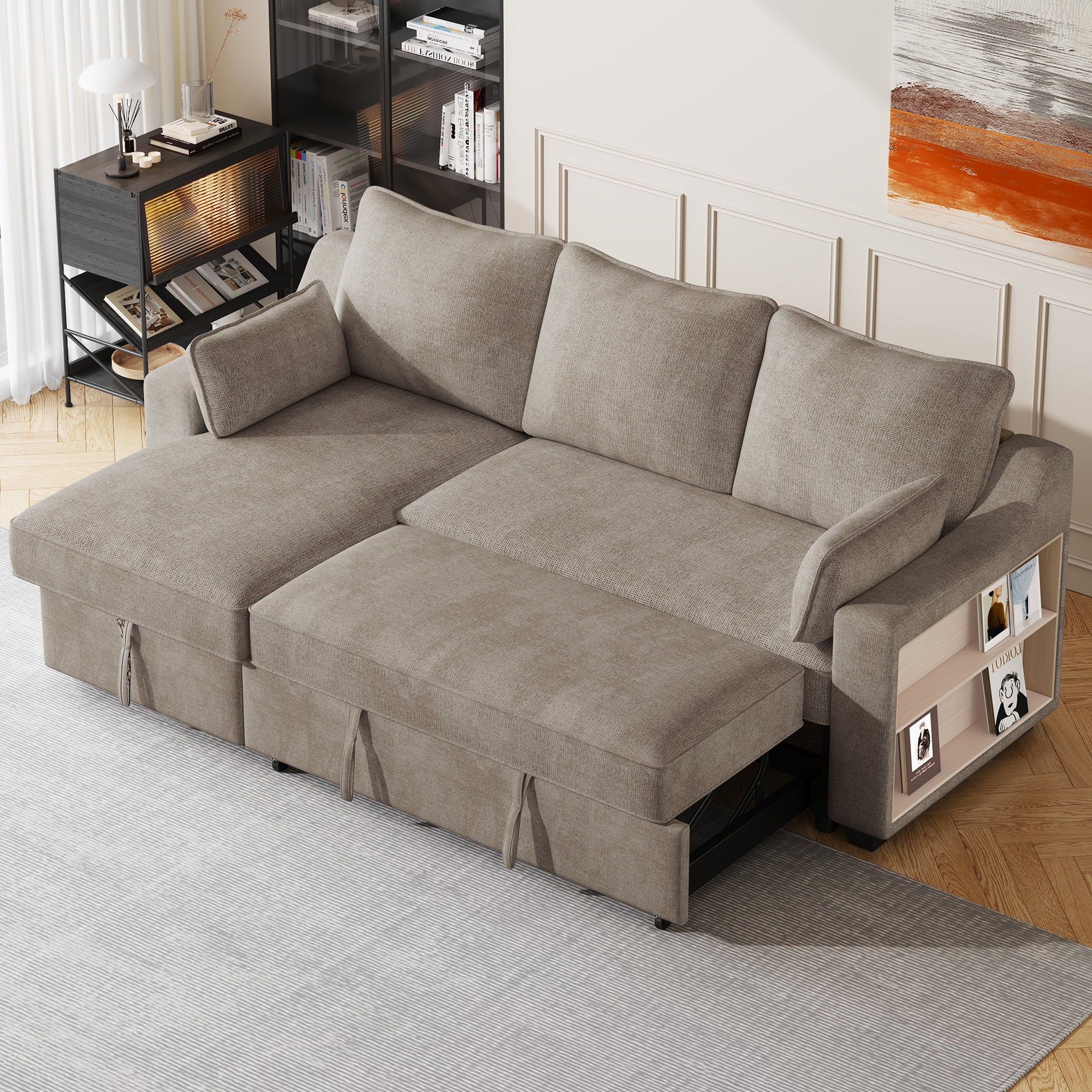 90" L-Shaped Sleeper Sofa w/ Storage Chaise, Racks & USB - Light Brown-Sleeper Sectionals-American Furniture Outlet