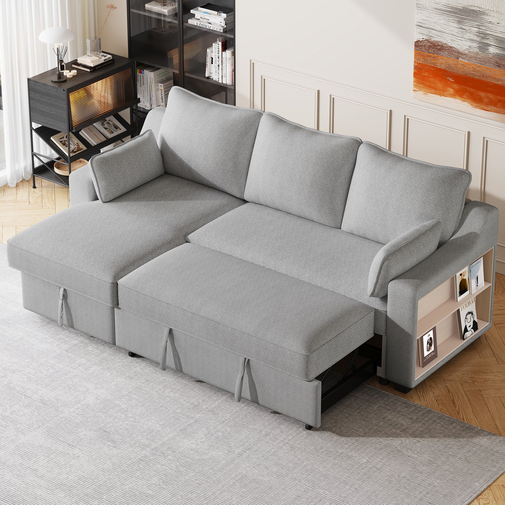 90" L-Shaped Sleeper Sofa w/ Storage Chaise, Racks & USB - Light Grey-Sleeper Sectionals-American Furniture Outlet