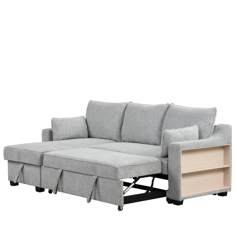 90" L-Shaped Sleeper Sofa w/ Storage Chaise, Racks & USB - Light Grey-Sleeper Sectionals-American Furniture Outlet