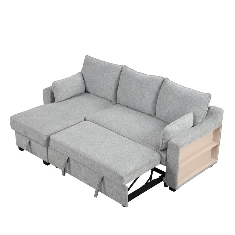 90" L-Shaped Sleeper Sofa w/ Storage Chaise, Racks & USB - Light Grey-Sleeper Sectionals-American Furniture Outlet