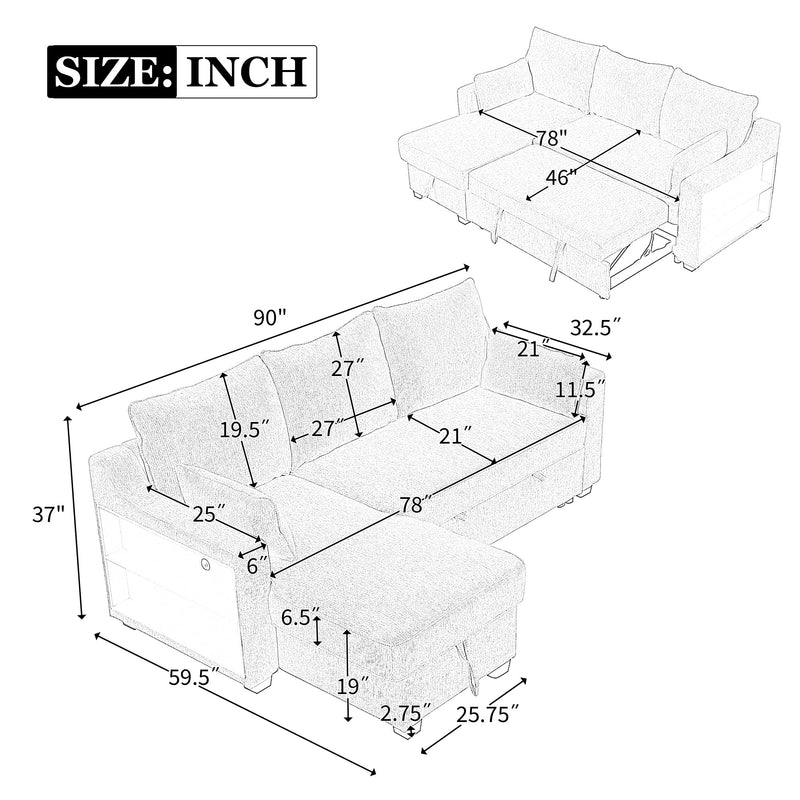 90" L-Shaped Sleeper Sofa w/ Storage Chaise, Racks & USB - Light Grey-Sleeper Sectionals-American Furniture Outlet