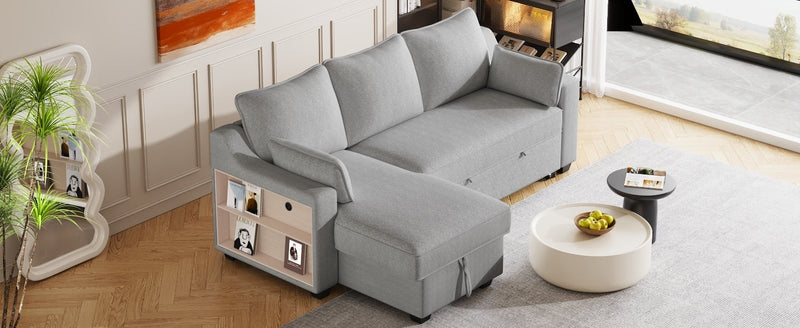 90" L-Shaped Sleeper Sofa w/ Storage Chaise, Racks & USB - Light Grey-Sleeper Sectionals-American Furniture Outlet