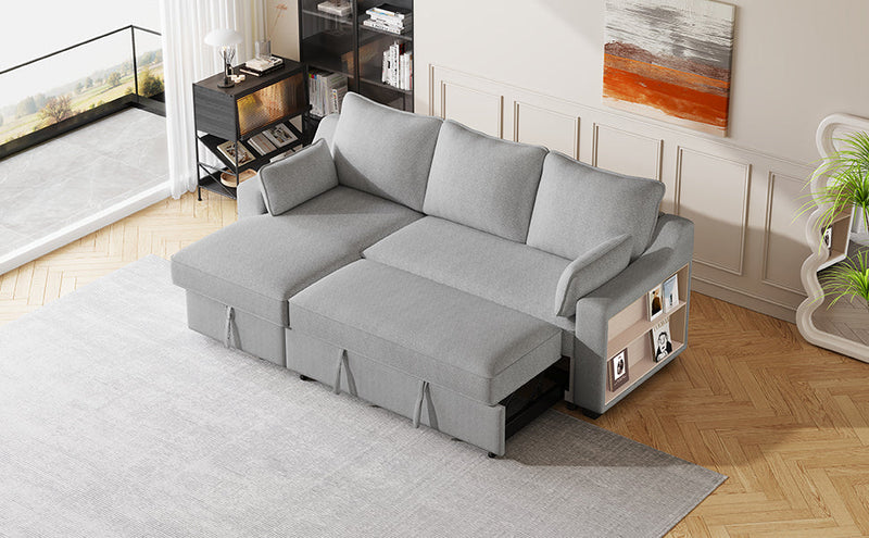 90" L-Shaped Sleeper Sofa w/ Storage Chaise, Racks & USB - Light Grey-Sleeper Sectionals-American Furniture Outlet