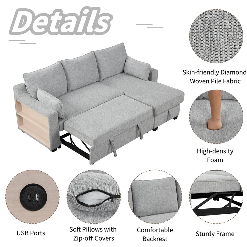 90" L-Shaped Sleeper Sofa w/ Storage Chaise, Racks & USB - Light Grey-Sleeper Sectionals-American Furniture Outlet