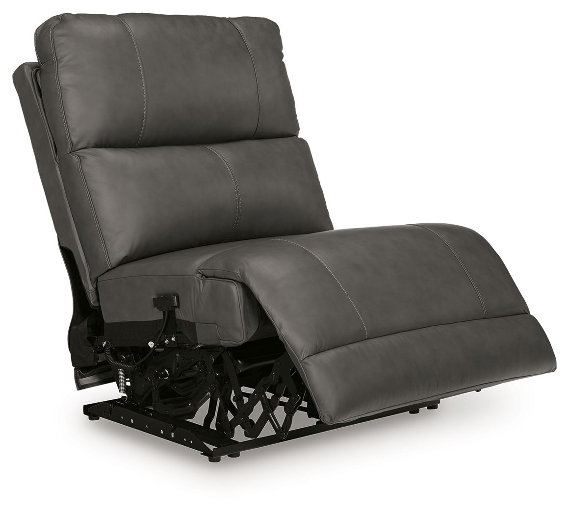 Dark gray armless power recliner with adjustable headrest and reclining base