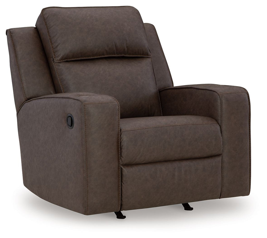Dark gray fabric rocker recliner with padded arms and tall backrest