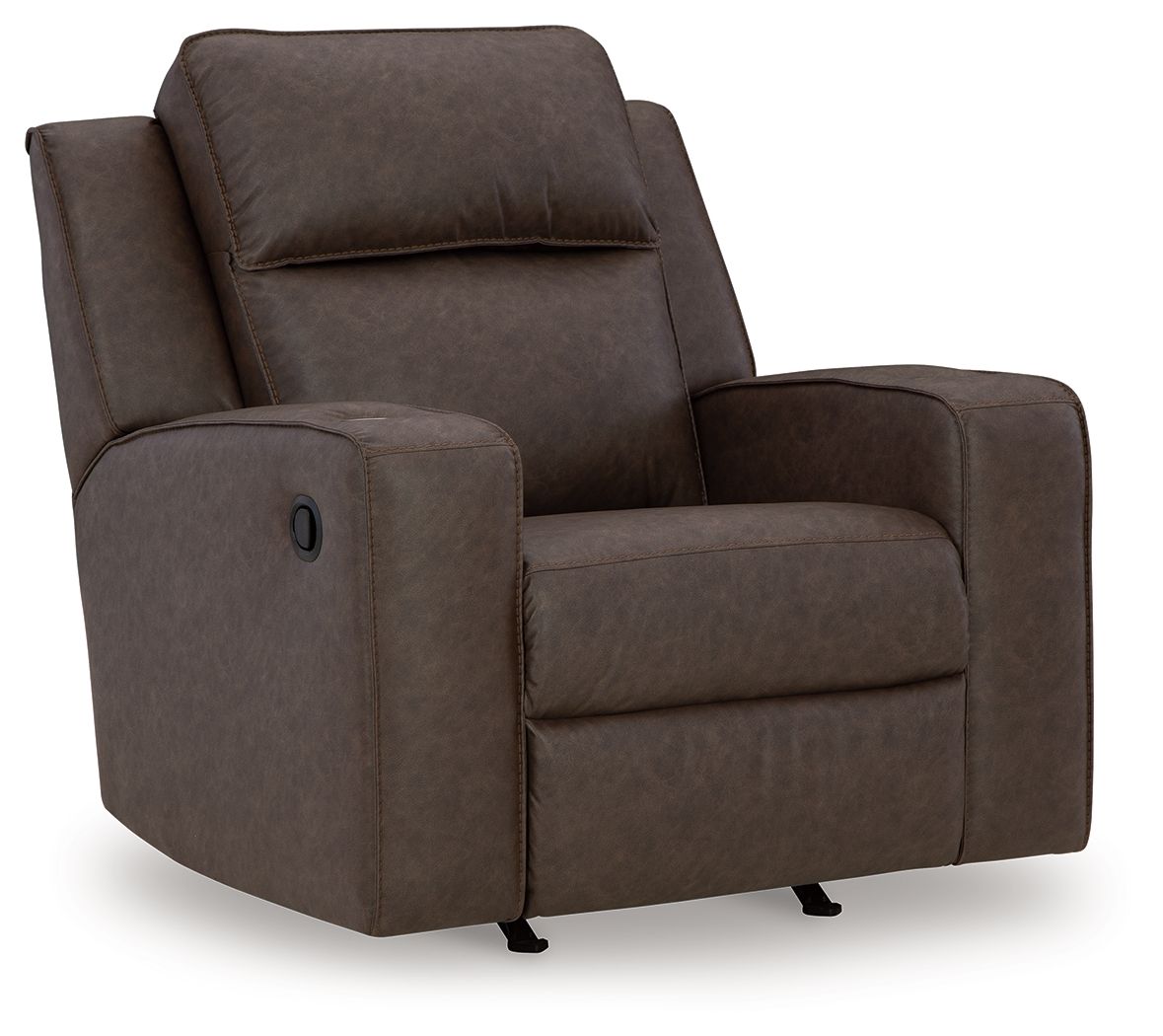 Dark gray fabric rocker recliner with padded arms and tall backrest
