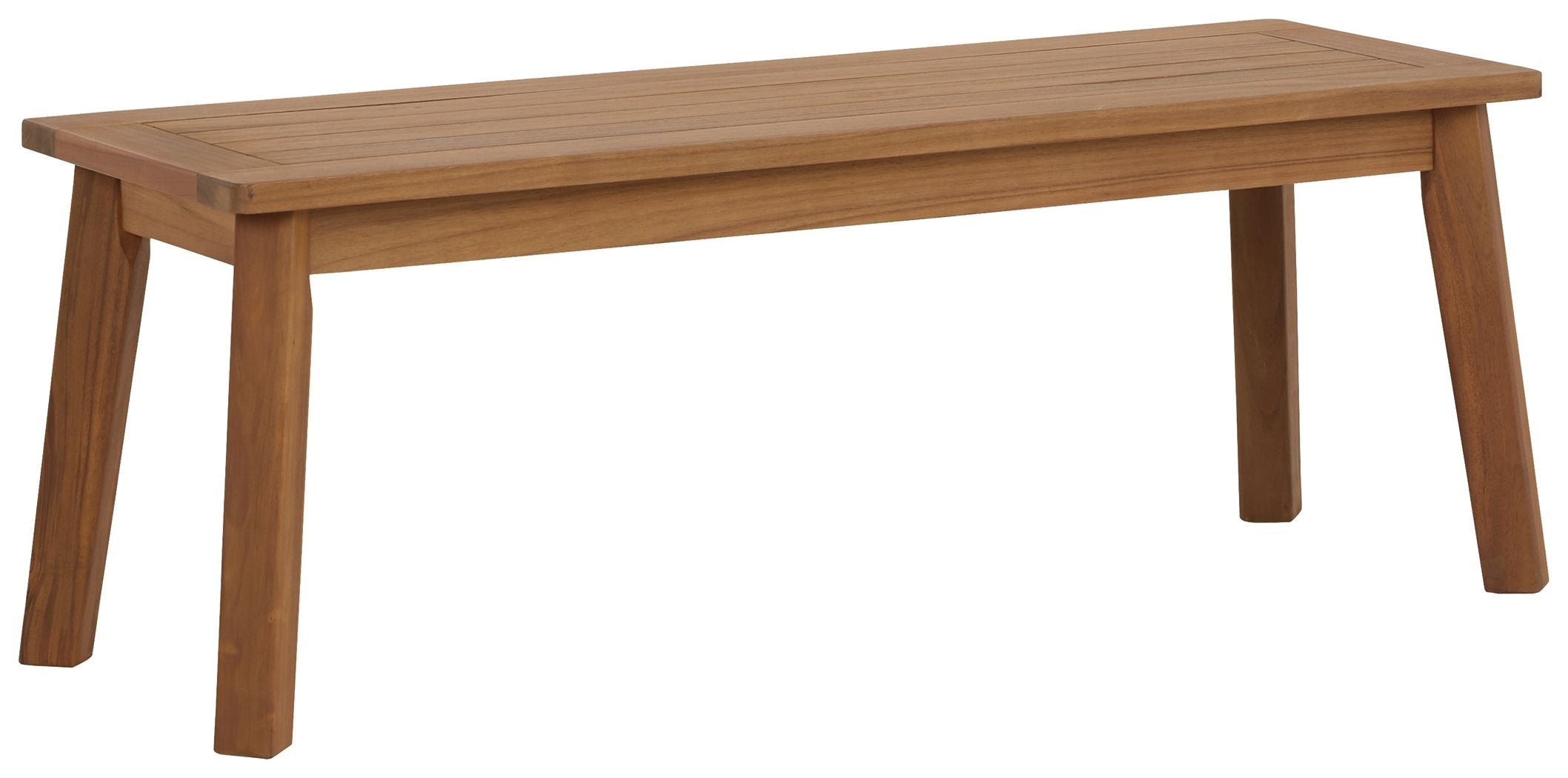 Light brown wooden bench with rectangular tabletop and tapered legs