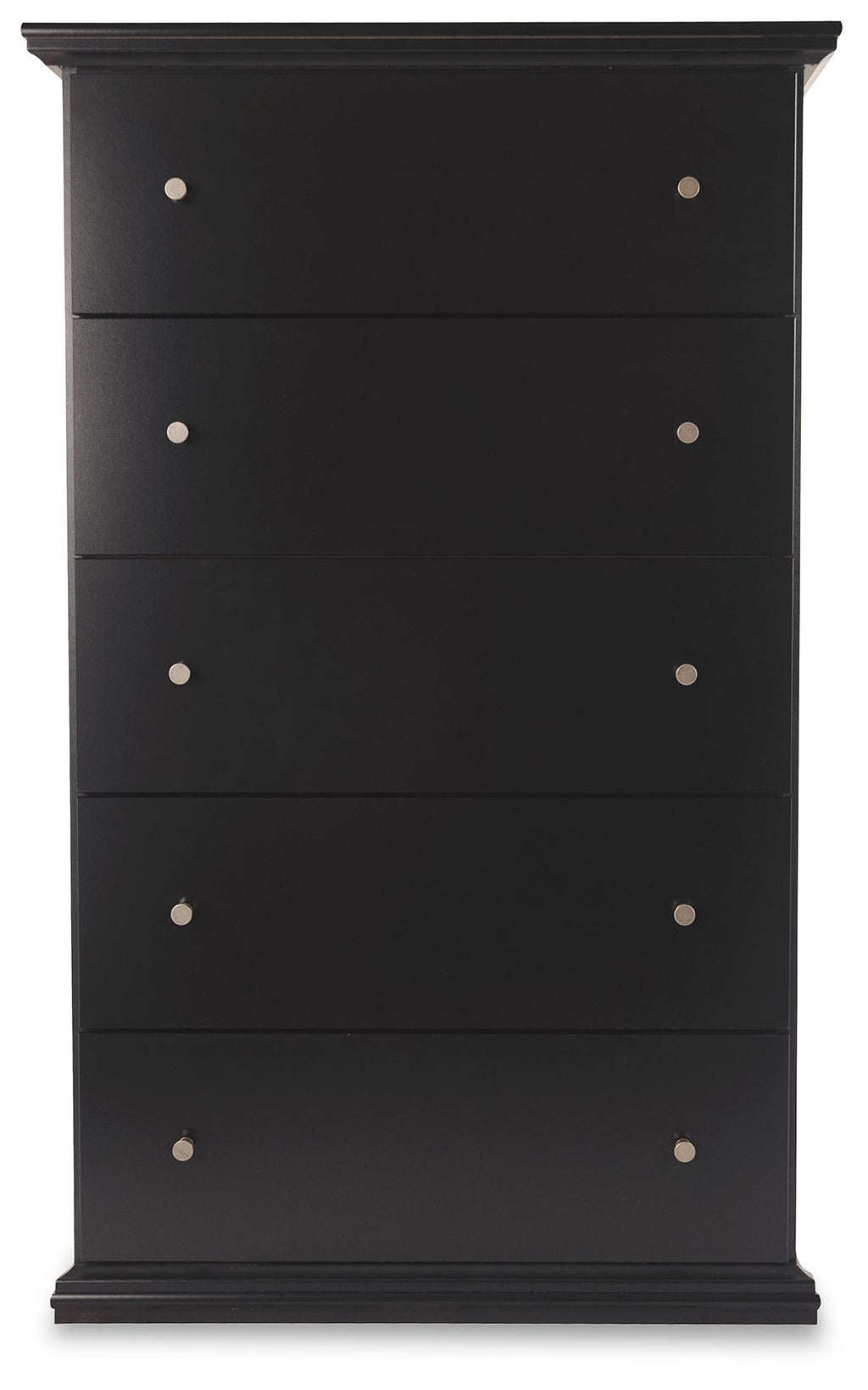 Black five-drawer chest front with five rows of round metal knobs