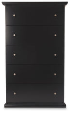 Black five-drawer chest front with five rows of round metal knobs