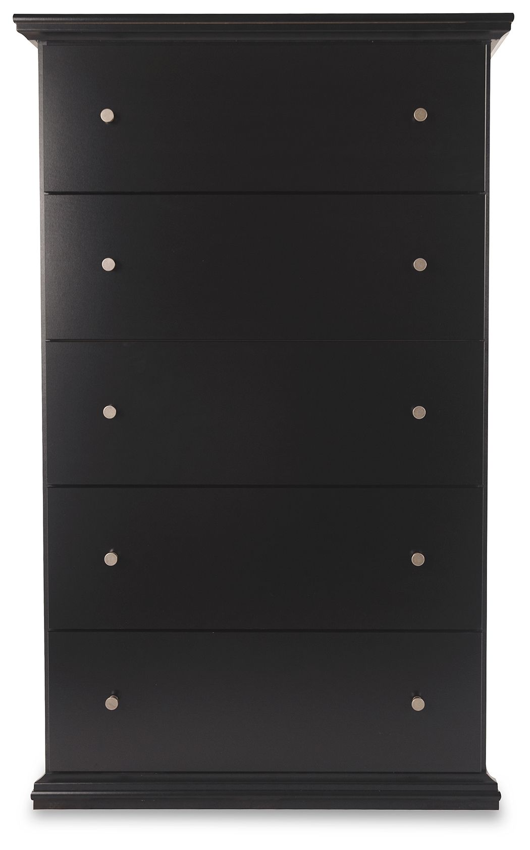 Black five-drawer chest front with five rows of round metal knobs