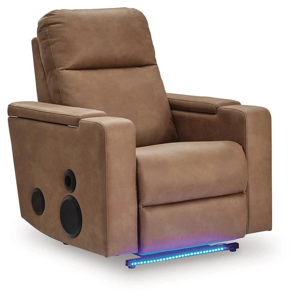 Caramel power recliner front side view with LED base lighting
