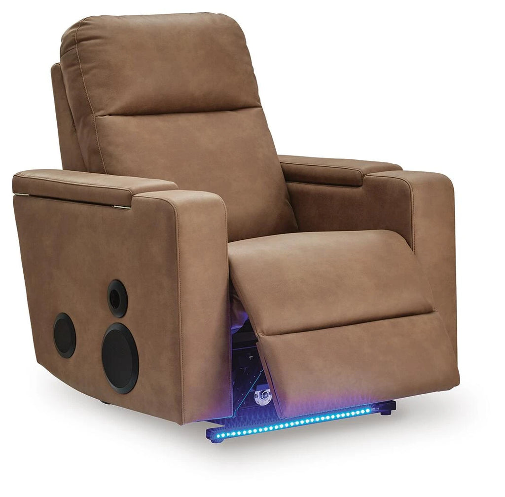 Caramel power recliner with open foot area and LED base lighting