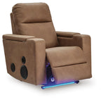 Caramel power recliner with open foot area and LED base lighting