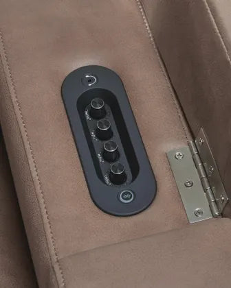 Caramel recliner power control panel with buttons on arm