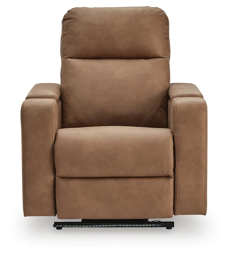 Caramel power recliner side view with LED base lighting