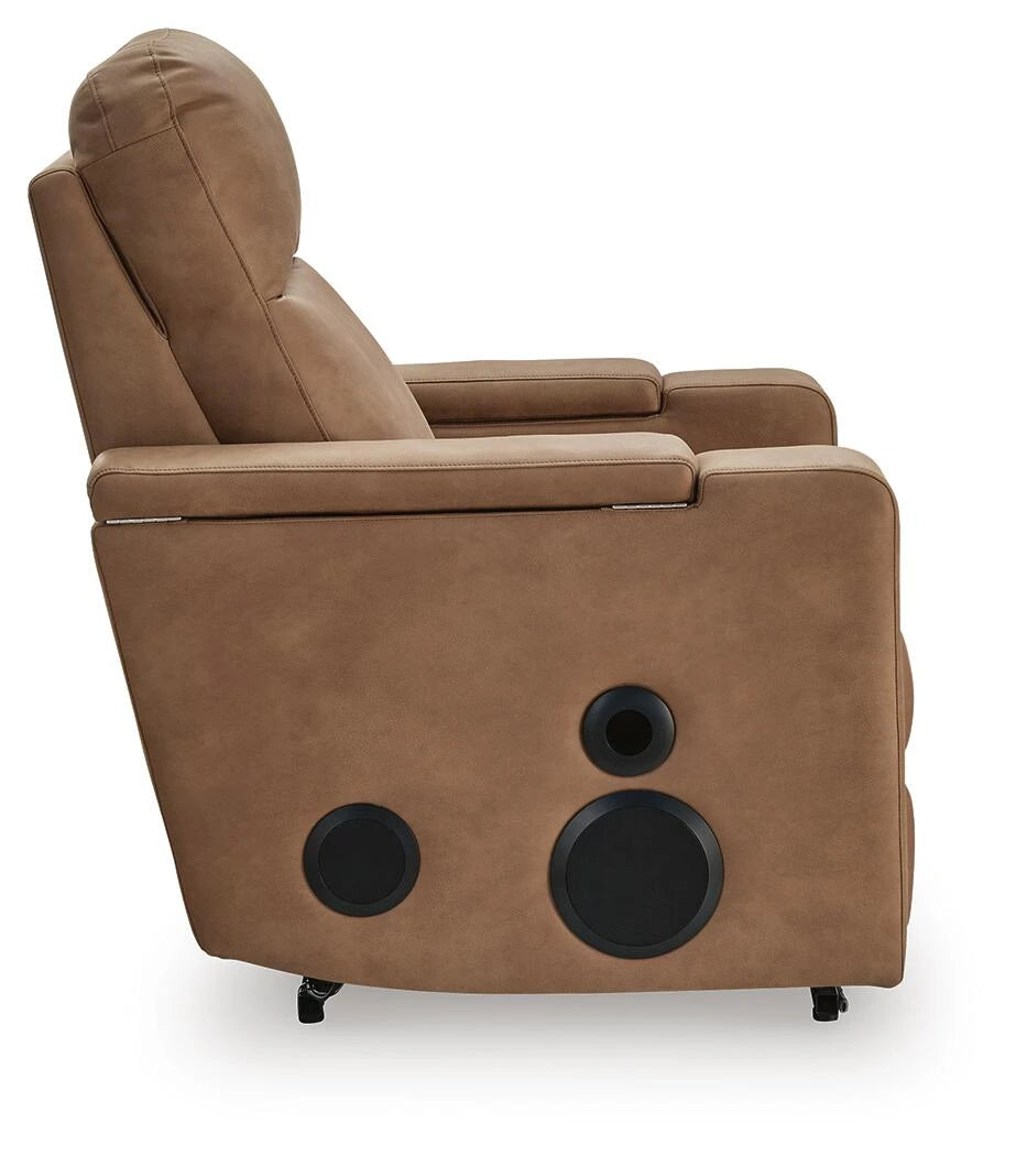Caramel power recliner front view with speaker-style circles