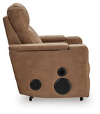 Caramel power recliner front view with speaker-style circles