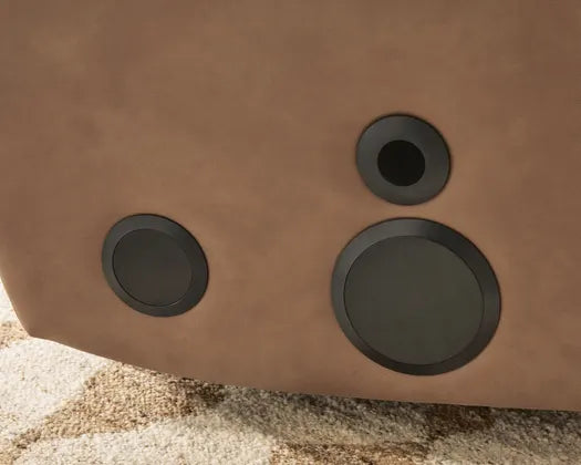 Caramel power recliner back with three speaker-style circles
