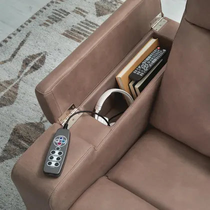 Caramel power recliner with built-in console and remote in armrest
