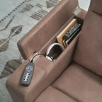 Caramel power recliner with built-in console and remote in armrest