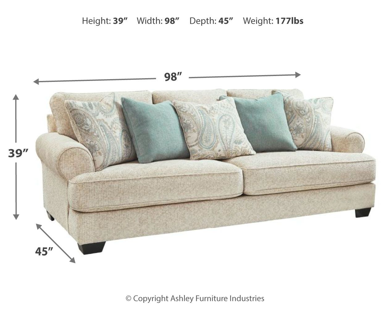 Beige fabric sofa shown with size measurements: 98" wide, 39" high, 45" deep
